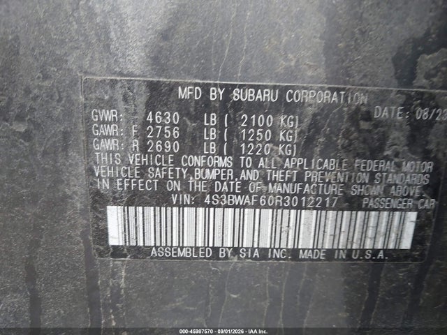 2024 Subaru Legacy Premium მანქანა იყიდება აუქციონზე, vin: 4S3BWAF60R3012217, აუქციონის ნომერი: 45987570