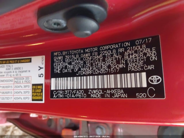 Продаж на аукціоні авто 2017 Toyota Prius, vin: JTDKBRFU2H3571517, номер лоту: 45987572