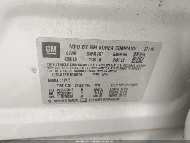 45987577 :رقم المزاد ، KL7CJLSB7LB010699 vin ، 2020 Chevrolet Trax Fwd Lt مزاد بيع