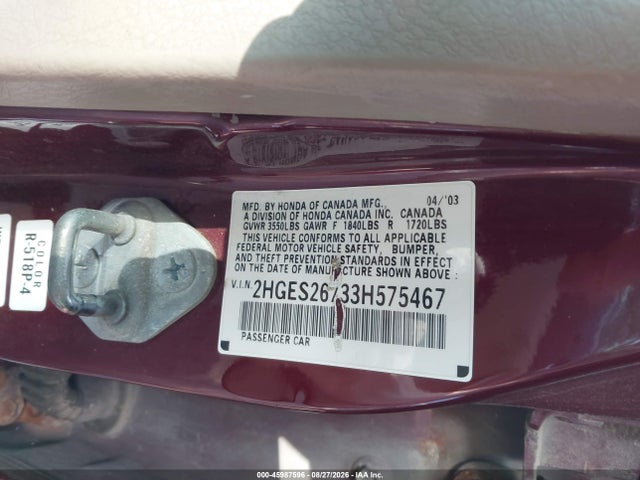 45987596 :رقم المزاد ، 2HGES26733H575467 vin ، 2003 Honda Civic Ex مزاد بيع