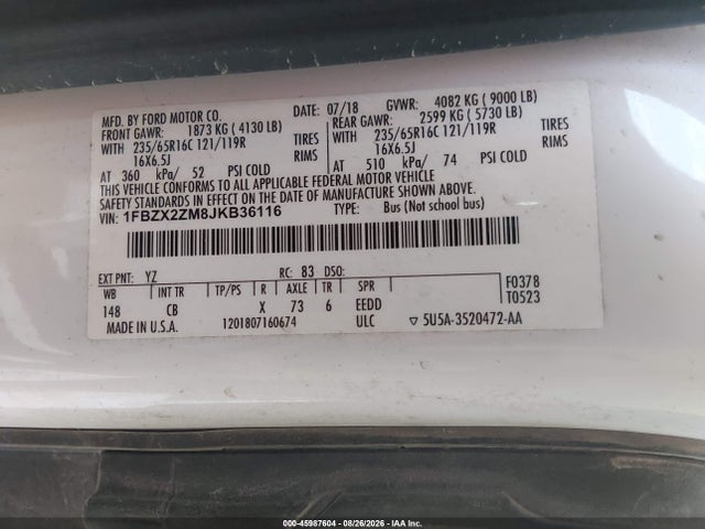 Продаж на аукціоні авто 2018 Ford Transit-350 Xl, vin: 1FBZX2ZM8JKB36116, номер лоту: 45987604