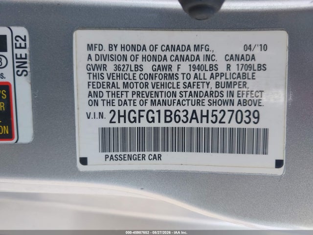 Продажа на аукционе авто 2010 Honda Civic Lx, vin: 2HGFG1B63AH527039, номер лота: 45987652