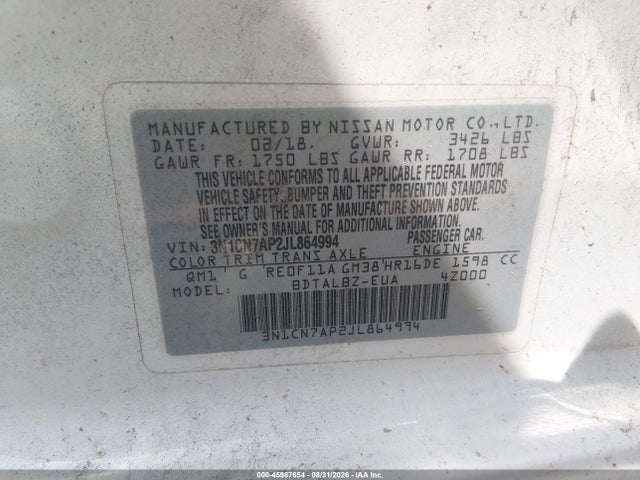 45987654 :رقم المزاد ، 3N1CN7AP2JL864994 vin ، 2018 Nissan Versa 1.6 Sv مزاد بيع
