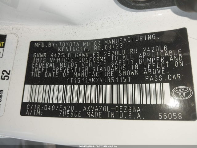 2024 Toyota Camry Se მანქანა იყიდება აუქციონზე, vin: 4T1G11AK7RU851151, აუქციონის ნომერი: 45987684