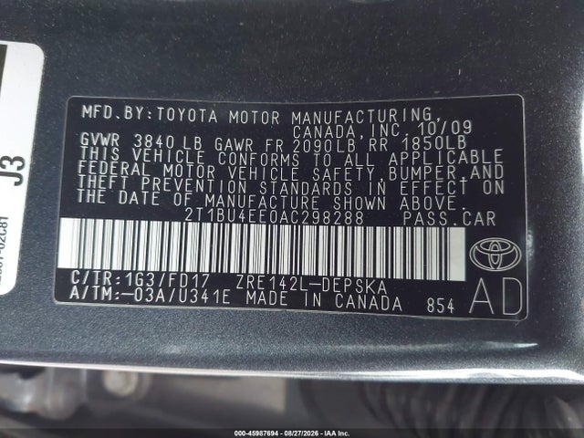 Aukcja sprzedaży 2010 Toyota Corolla S, vin: 2T1BU4EE0AC298288, numer aukcji: 45987694