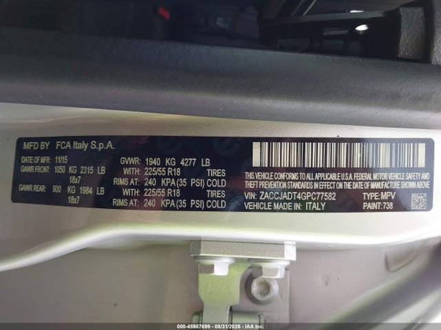 Продажа на аукционе авто 2016 Jeep Renegade Limited, vin: ZACCJADT4GPC77582, номер лота: 45987699