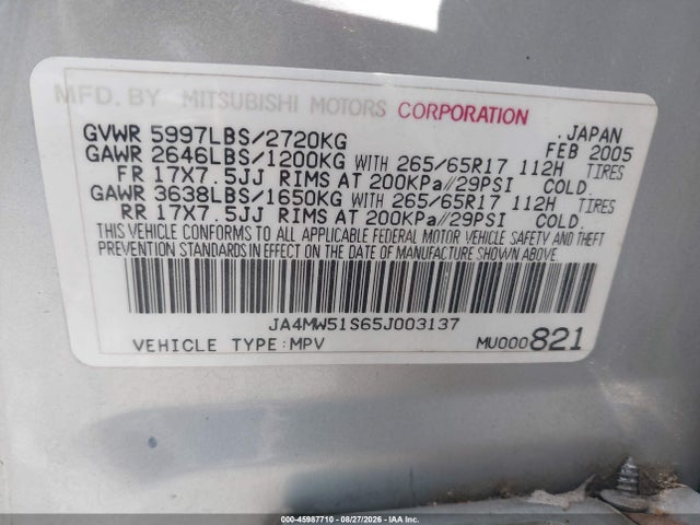 Aukcja sprzedaży 2005 Mitsubishi Montero Limited, vin: JA4MW51S65J003137, numer aukcji: 45987710