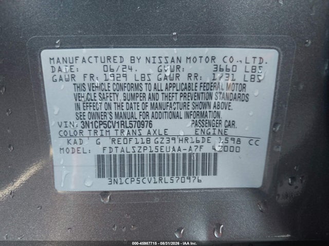 Aukcja sprzedaży 2024 Nissan Kicks Sv Xtronic Cvt, vin: 3N1CP5CV1RL570976, numer aukcji: 45987715