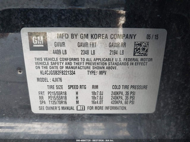 Aukcja sprzedaży 2015 Buick Encore Leather, vin: KL4CJGSB2FB221334, numer aukcji: 45987725