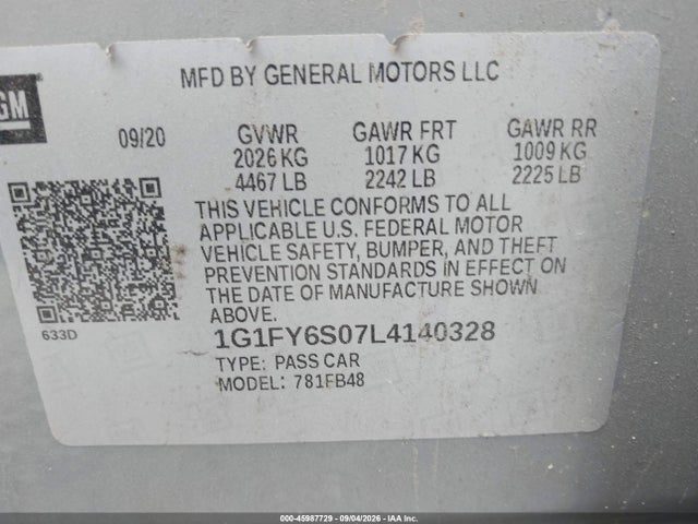 45987729 :رقم المزاد ، 1G1FY6S07L4140328 vin ، 2020 Chevrolet Bolt Ev Fwd Lt مزاد بيع