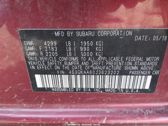Aukcja sprzedaży 2018 Subaru Impreza 2.0i, vin: 4S3GKAA60J3623202, numer aukcji: 45987734