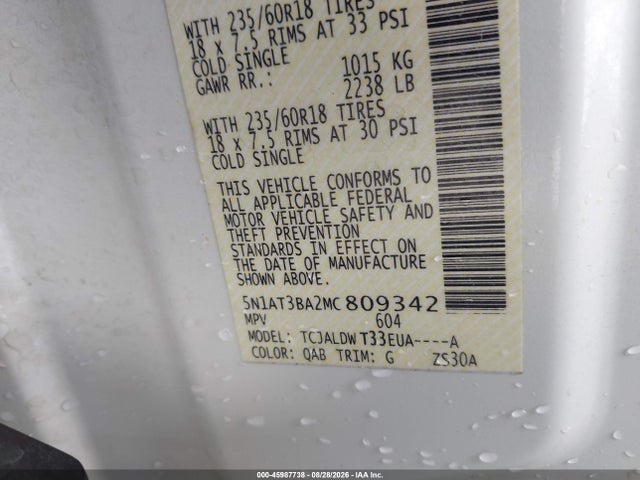 45987738 :رقم المزاد ، 5N1AT3BA2MC809342 vin ، 2021 Nissan Rogue Sv Fwd مزاد بيع