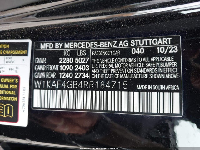 45987741 :رقم المزاد ، W1KAF4GB4RR184715 vin ، 2024 Mercedes-benz C 300 مزاد بيع
