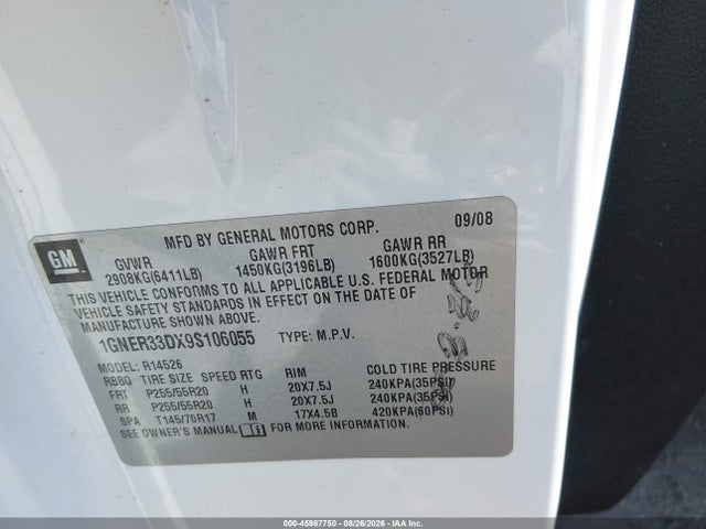 Aukcja sprzedaży 2009 Chevrolet Traverse Ltz, vin: 1GNER33DX9S106055, numer aukcji: 45987750