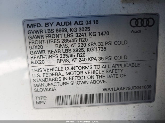 45987752 :رقم المزاد ، WA1LAAF79JD041039 vin ، 2018 Audi Q7 3.0t Premium مزاد بيع