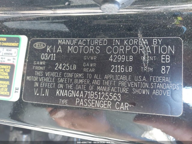 Продаж на аукціоні авто 2011 Kia Optima Ex, vin: KNAGN4A71B5125563, номер лоту: 45987760