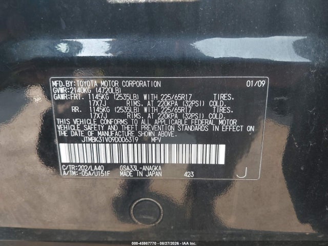 Aukcja sprzedaży 2009 Toyota Rav4 Limited V6, vin: JTMBK31V09D006319, numer aukcji: 45987770