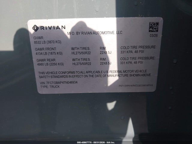 45987778 :رقم المزاد ، 7FCTGBAP4TN046934 vin ، 2026 Rivian R1t Tri Motor Max Pack مزاد بيع