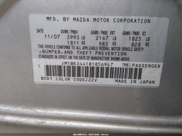45987812 :رقم المزاد ، JM1BK344181856947 vin ، 2008 Mazda Mazda3 S Touring مزاد بيع