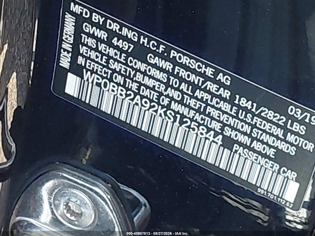 Porsche 911 Targa 4 Gts/targa 4s 2019 WP0BB2A92KS125844 Image 9
