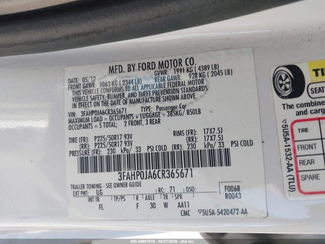 45987819 :رقم المزاد ، 3FAHP0JA6CR365671 vin ، 2012 Ford Fusion Sel مزاد بيع