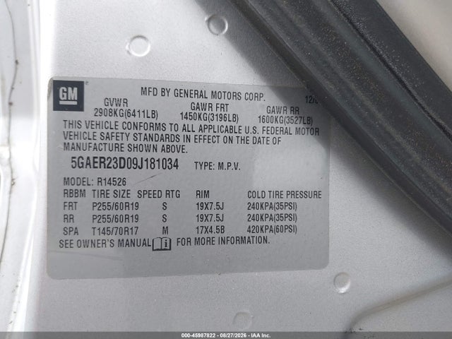 Aukcja sprzedaży 2009 Buick Enclave Cxl, vin: 5GAER23D09J181034, numer aukcji: 45987822
