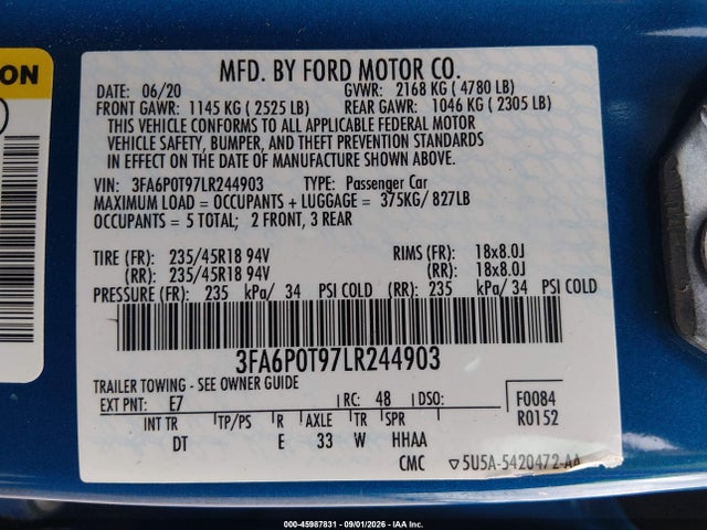 45987831 :رقم المزاد ، 3FA6P0T97LR244903 vin ، 2020 Ford Fusion Se مزاد بيع