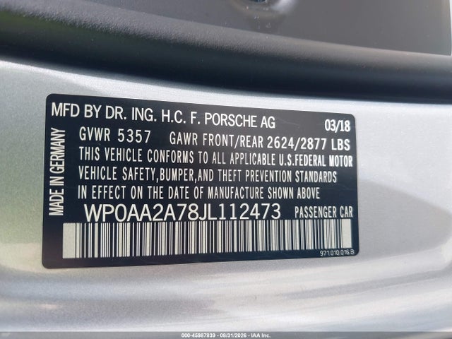 45987839 :رقم المزاد ، WP0AA2A78JL112473 vin ، 2018 Porsche Panamera 4 مزاد بيع