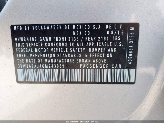 Продаж на аукціоні авто 2016 Volkswagen Jetta 1.4t S, vin: 3VW267AJ4GM243869, номер лоту: 45987845