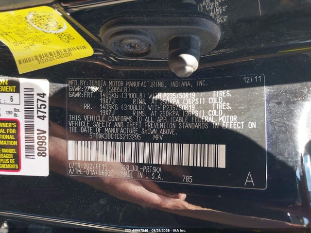 Aukcja sprzedaży 2012 Toyota Sienna Se 8 Passenger, vin: 5TDXK3DC1CS213295, numer aukcji: 45987846