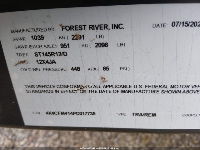 Продажа на аукционе авто 2023 Forest River Other, vin: 4X4CFM414PD317735, номер лота: 45987847