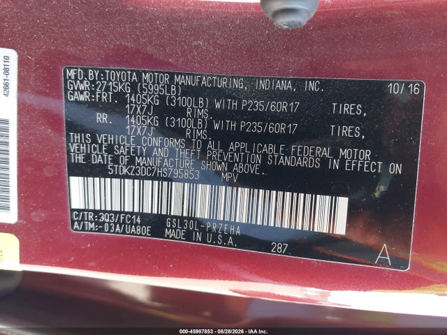 5TDKZ3DC7HS795853 Toyota Sienna Le 8 Passenger
