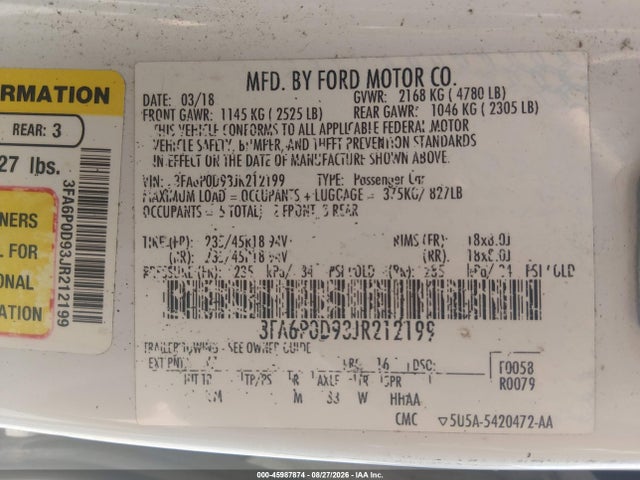 45987874 :رقم المزاد ، 3FA6P0D93JR212199 vin ، 2018 Ford Fusion Titanium مزاد بيع