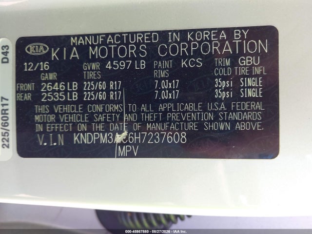 Продаж на аукціоні авто 2017 Kia Sportage Lx, vin: KNDPM3AC6H7237608, номер лоту: 45987880
