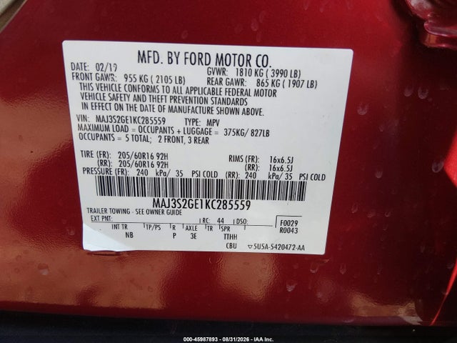 Продажа на аукционе авто 2019 Ford Ecosport Se, vin: MAJ3S2GE1KC285559, номер лота: 45987893
