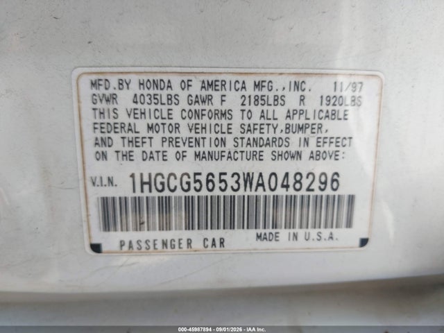 Aukcja sprzedaży 1998 Honda Accord Ex, vin: 1HGCG5653WA048296, numer aukcji: 45987894