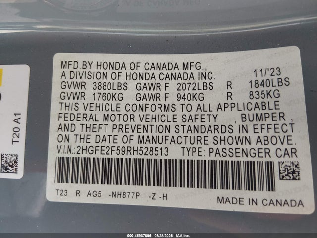 Продаж на аукціоні авто 2024 Honda Civic Sport, vin: 2HGFE2F59RH528513, номер лоту: 45987896