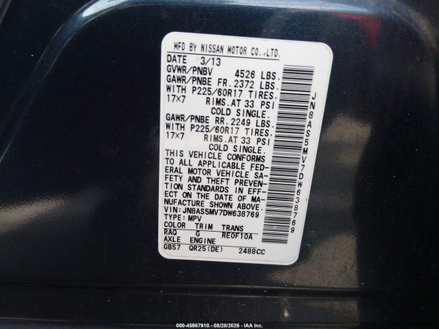 2013 Nissan Rogue Sv მანქანა იყიდება აუქციონზე, vin: JN8AS5MV7DW638769, აუქციონის ნომერი: 45987910