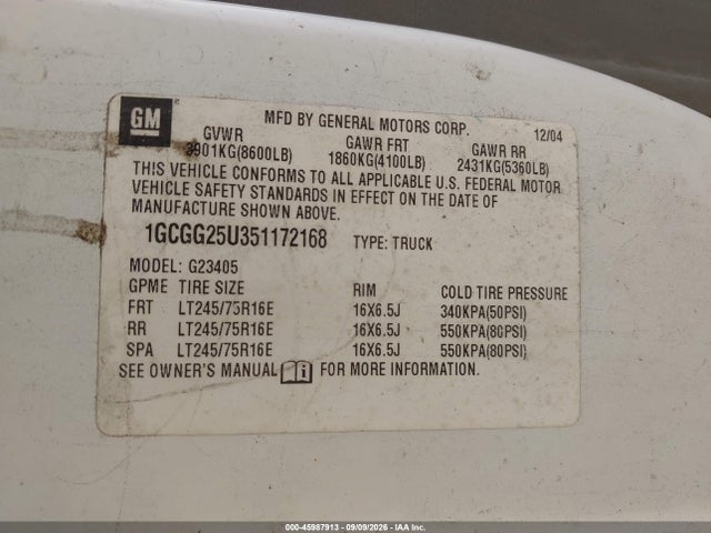Aukcja sprzedaży 2005 Chevrolet Express, vin: 1GCGG25U351172168, numer aukcji: 45987913