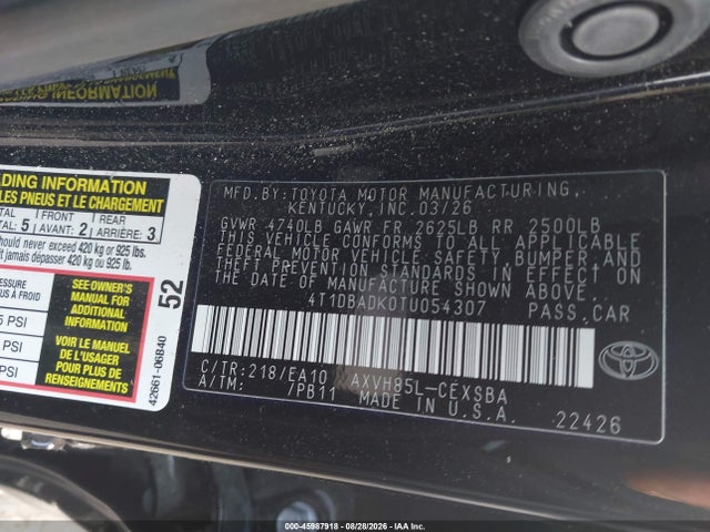 2026 Toyota Camry Se მანქანა იყიდება აუქციონზე, vin: 4T1DBADK0TU054307, აუქციონის ნომერი: 45987918