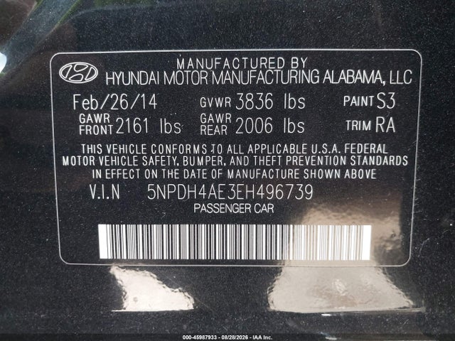 45987933 :رقم المزاد ، 5NPDH4AE3EH496739 vin ، 2014 Hyundai Elantra Se مزاد بيع