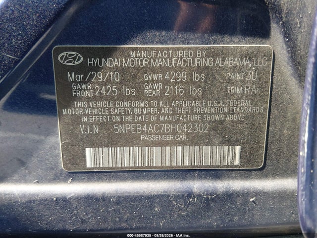 Продажа на аукционе авто 2011 Hyundai Sonata Gls, vin: 5NPEB4AC7BH042302, номер лота: 45987935