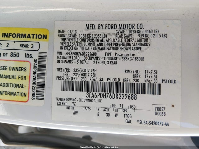 Aukcja sprzedaży 2013 Ford Fusion Se, vin: 3FA6P0H76DR222688, numer aukcji: 45987942