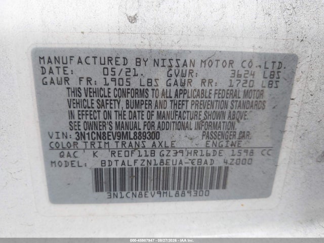 45987947 :رقم المزاد ، 3N1CN8EV9ML889300 vin ، 2021 Nissan Versa Sv Xtronic Cvt مزاد بيع
