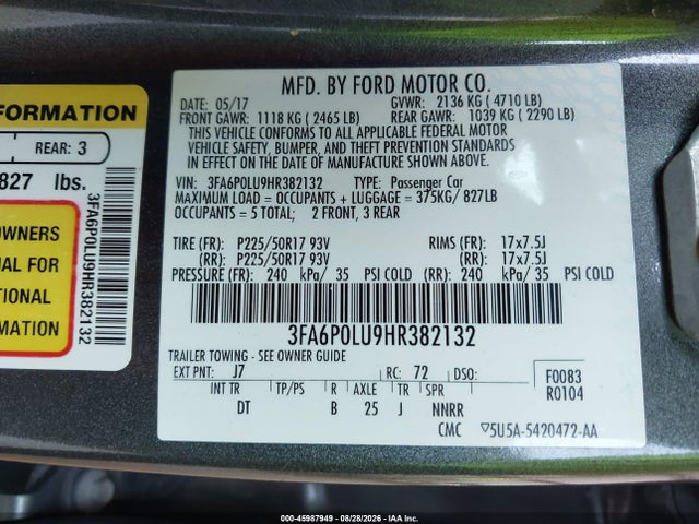 45987949 :رقم المزاد ، 3FA6P0LU9HR382132 vin ، 2017 Ford Fusion Hybrid Se مزاد بيع