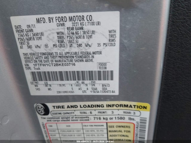 Продажа на аукционе авто 2011 Ford F-150 Xlt, vin: 1FTFW1CT2BKE03716, номер лота: 45987972
