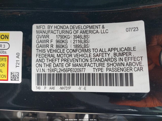 45987984 :رقم المزاد ، 19XFL2H56PE020977 vin ، 2023 Honda Civic Lx مزاد بيع