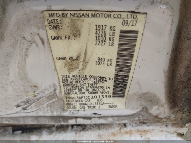 2018 Nissan Altima 2.5 Sr მანქანა იყიდება აუქციონზე, vin: 1N4AL3AP7JC101339, აუქციონის ნომერი: 45987988