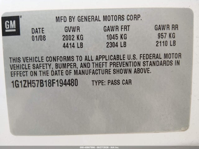 Продажа на аукционе авто 2008 Chevrolet Malibu Lt, vin: 1G1ZH57B18F194480, номер лота: 45987998