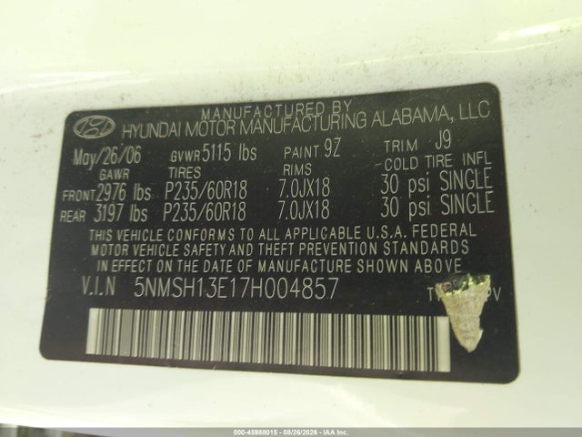 2007 Hyundai Santa Fe Limited/se მანქანა იყიდება აუქციონზე, vin: 5NMSH13E17H004857, აუქციონის ნომერი: 45988015